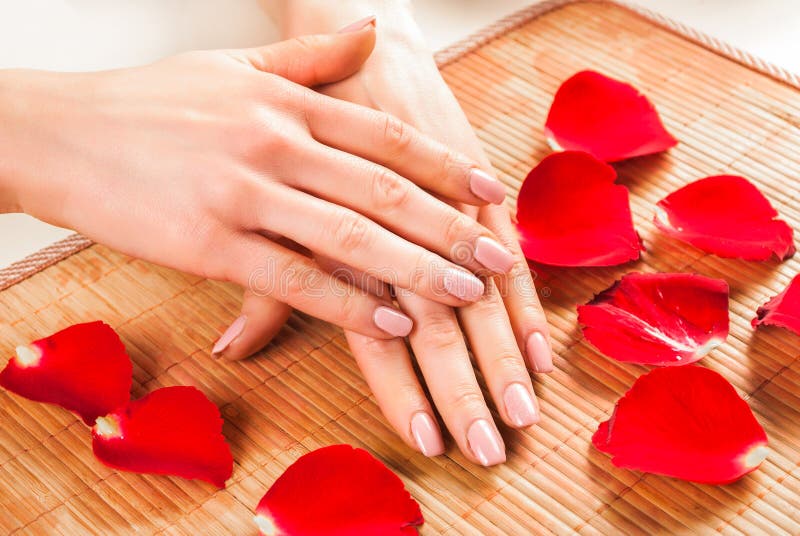 Young girl hands with beige natural nails color on desk with red rose petals. Close up, selective focus. Nails Manicure concept image. Young girl hands with beige natural nails color on desk with red rose petals. Close up, selective focus. Nails Manicure concept image