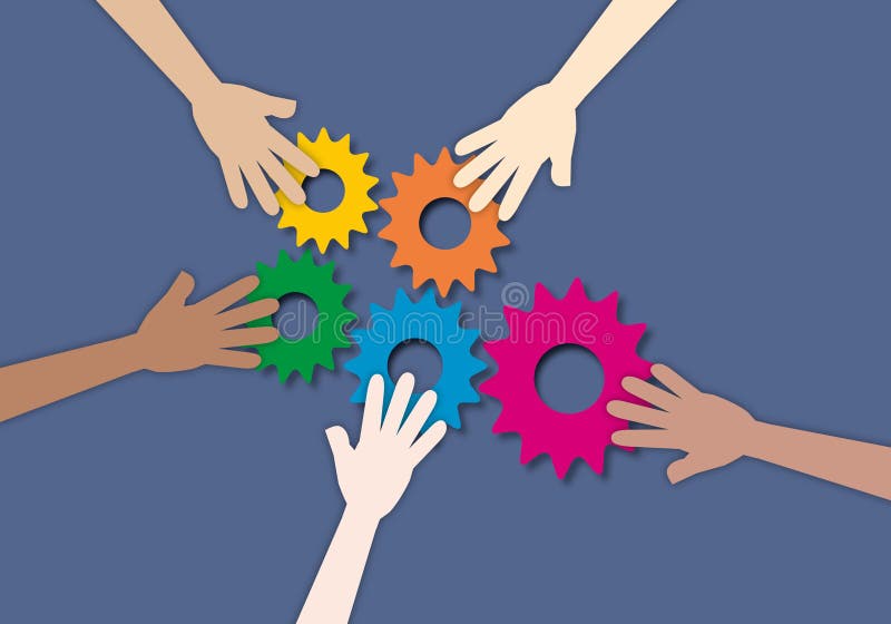 Mani di gruppo che toccano gli ingranaggi colorati come metafora per un lavoro di squadra efficace e per l'unità. royalty illustrazione gratis