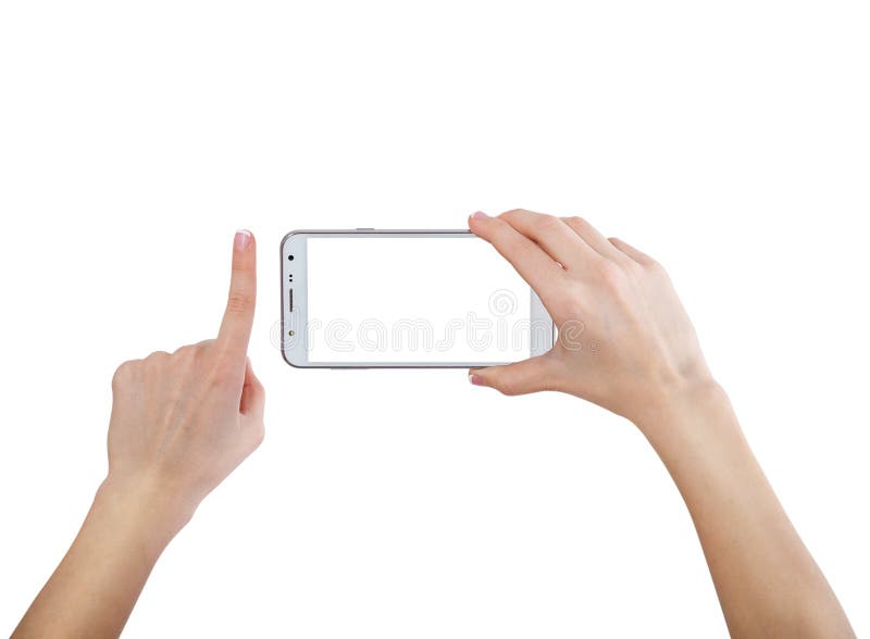 Mani femminili che prendono foto con lo Smart Phone del touch screen bianco in bianco, vista frontale, isolata fotografia stock Mani femminili che prendono foto con lo Smart Phone del touch screen bianco in bianco, vista frontale, isolata fotografia stock