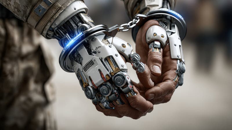 Mani robotiche futuristiche con manette e fari led in un dettagliato criminale di cyborg in futuro illustrazione vettoriale