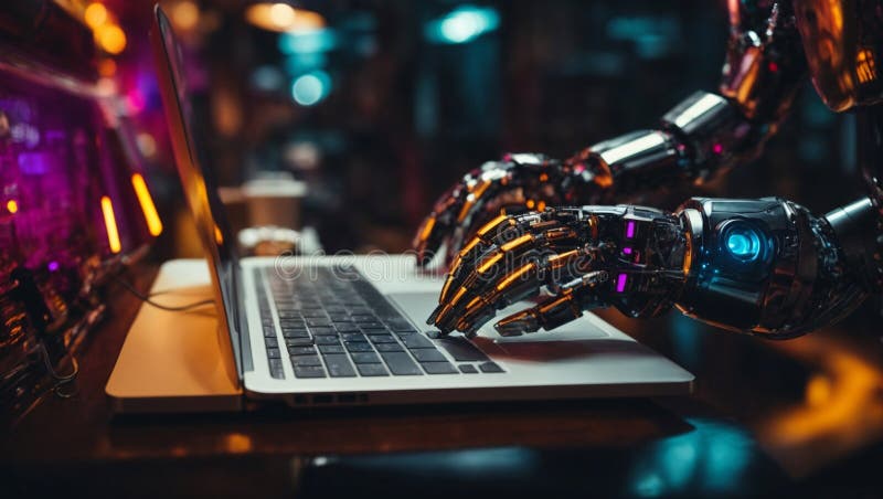 Mani robotiche sul portatile. intelligenza artificiale e concetto avanzato di civiltà umana. illustrazione vettoriale