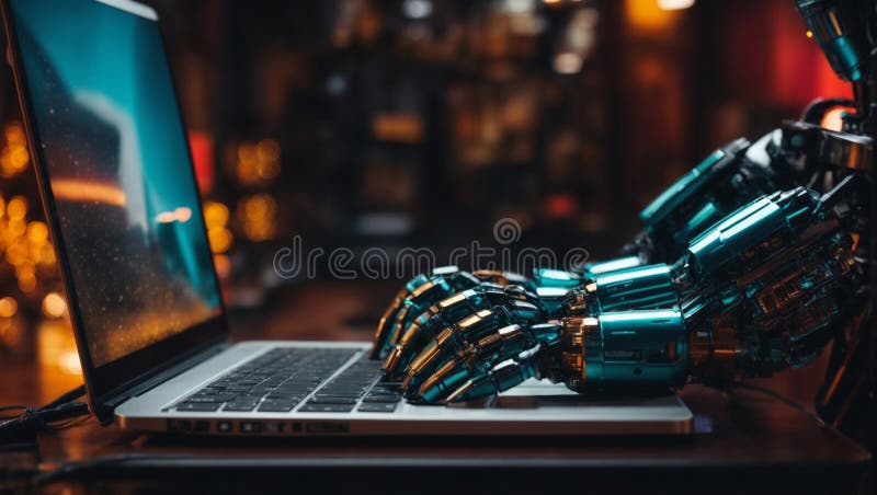 Mani robotiche sul portatile. intelligenza artificiale e concetto avanzato di civiltà umana. illustrazione di stock