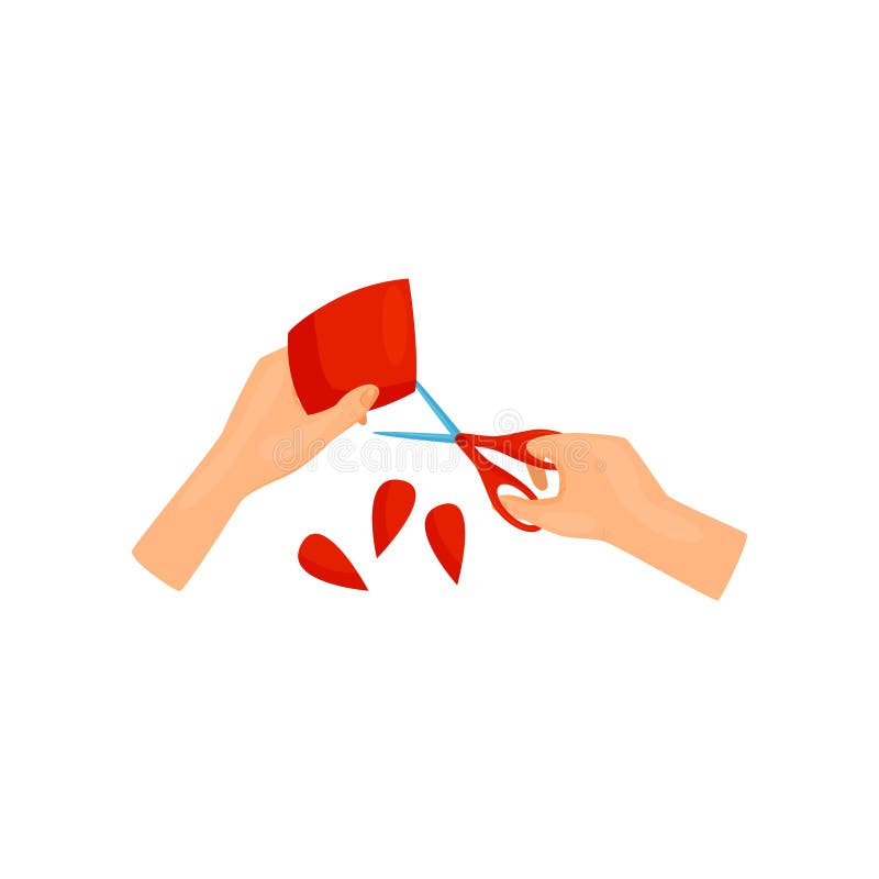 Mani umane che tagliano i petali del fiore di carta rossa luminosa facendo uso delle forbici Mestiere Handmade Hobby e svago Vett illustrazione di stock Mani umane che tagliano i petali del fiore di carta rossa luminosa facendo uso delle forbici Mestiere Handmade Hobby e svago Vett illustrazione di stock