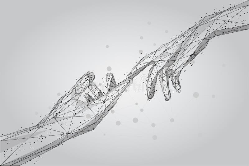 Mani umane del poli wireframe basso che toccano con le dita dalle linee, dai triangoli e dalle particelle illustrazione di stock