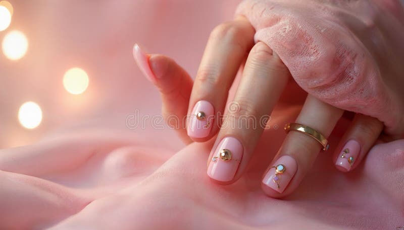 Manicura cor-de-rosa elegante com sotaques dourados e anéis sobre fundo de tecido mole ilustração royalty free