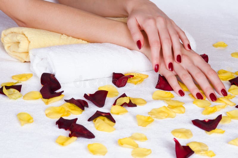 Beautiful woman hands with manicure and petals during spa trwatment. Beautiful woman hands with manicure and petals during spa trwatment