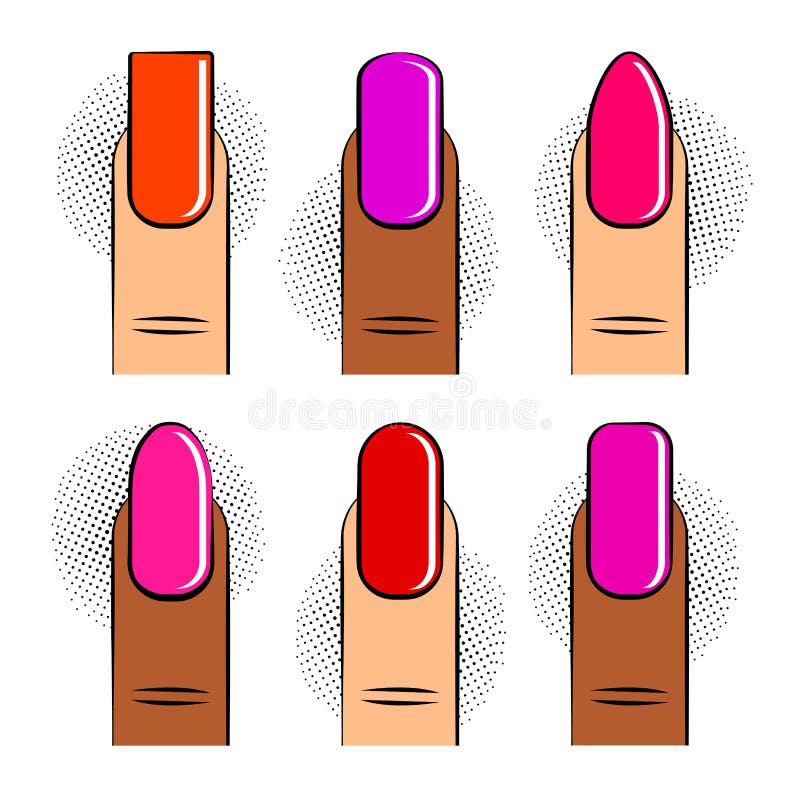 manicure Set palec z kolorowym gwoździa połyskiem, różny kształta gwóźdź, typy moda Jaskrawa kolekcja z halftone cieniami ilustracja wektor manicure Set palec z kolorowym gwoździa połyskiem, różny kształta gwóźdź, typy moda Jaskrawa kolekcja z halftone cieniami ilustracja wektor