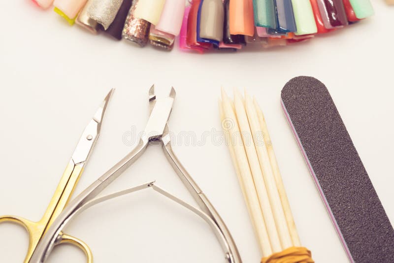 Manicure Tools on a White Background. Scissors, Nail File, Sticks, Etc Stock Image Image of