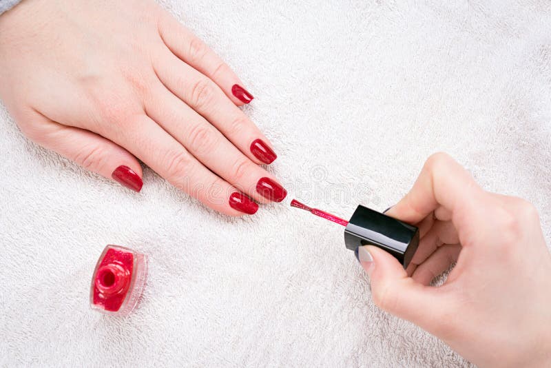 Manicured Nails with Red Nail Polish Stock Photo - Image of closeup ...