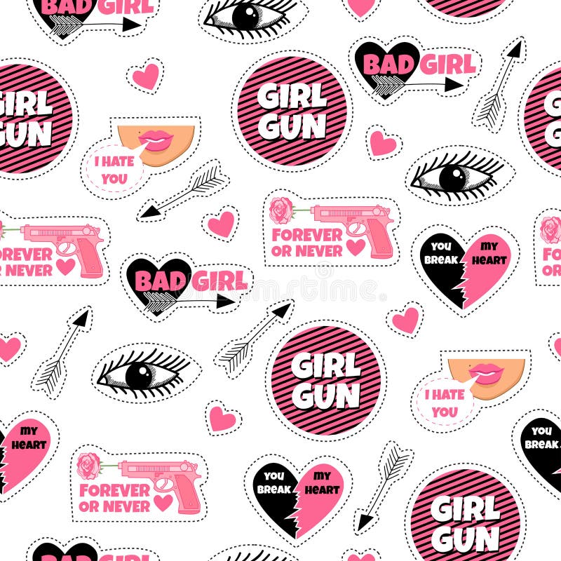 Manierstickers, flarden en spelden in stijlpop-art stock illustratie Manierstickers, flarden en spelden in stijlpop-art stock illustratie