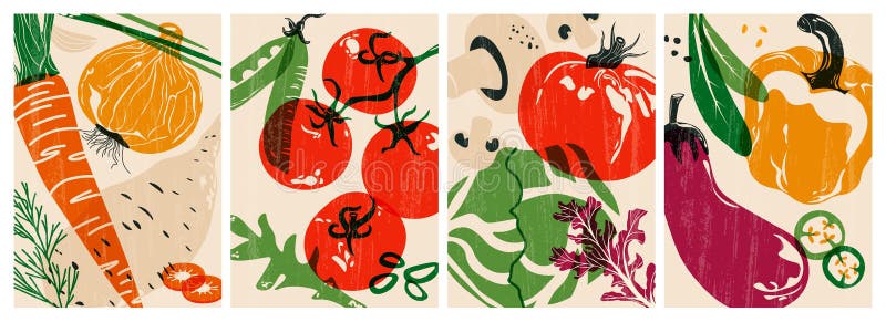 Manifesti freschi di verdura. Verdura organica prodotti naturali di allevamento per alimenti sani di pomodoro pepe cipolla veroni illustrazione vettoriale
