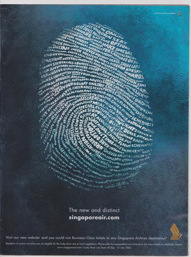 manifesto che annuncia Singapore Airlines in rivista da ottobre 2005, nel nuovo e slogan distinto immagine stock manifesto che annuncia Singapore Airlines in rivista da ottobre 2005, nel nuovo e slogan distinto immagine stock