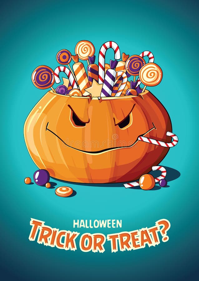 Manifesto d'annata di vettore di Halloween Trucco o ossequio Zucca e caramella illustrazione di stock Manifesto d'annata di vettore di Halloween Trucco o ossequio Zucca e caramella illustrazione di stock