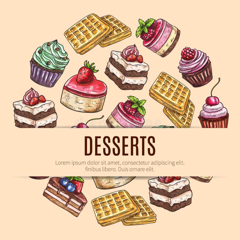 Manifesto dei dessert del dolce per progettazione del negozio di pasticceria illustrazione di stock Manifesto dei dessert del dolce per progettazione del negozio di pasticceria illustrazione di stock