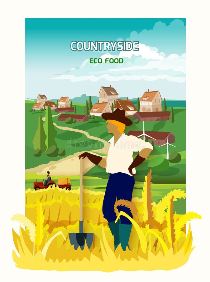 Young farmer harvesting eco crops standing with spade in the countryside flat poster abstract vector illustration. Young farmer harvesting eco crops standing with spade in the countryside flat poster abstract vector illustration