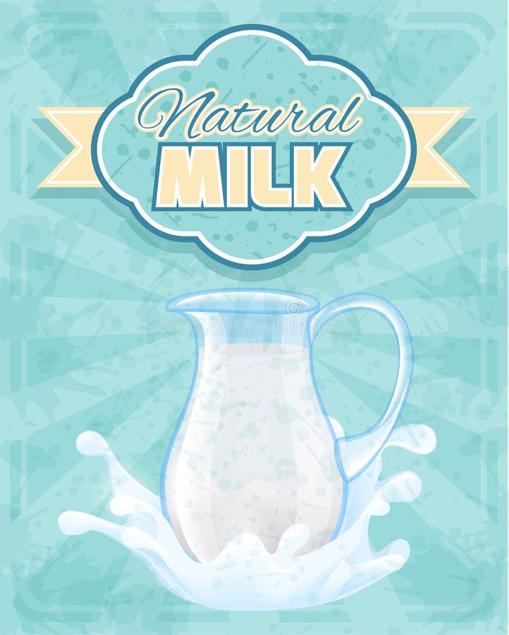 Milk pitcher retro poster with splashes on blue background vector illustration. Milk pitcher retro poster with splashes on blue background vector illustration