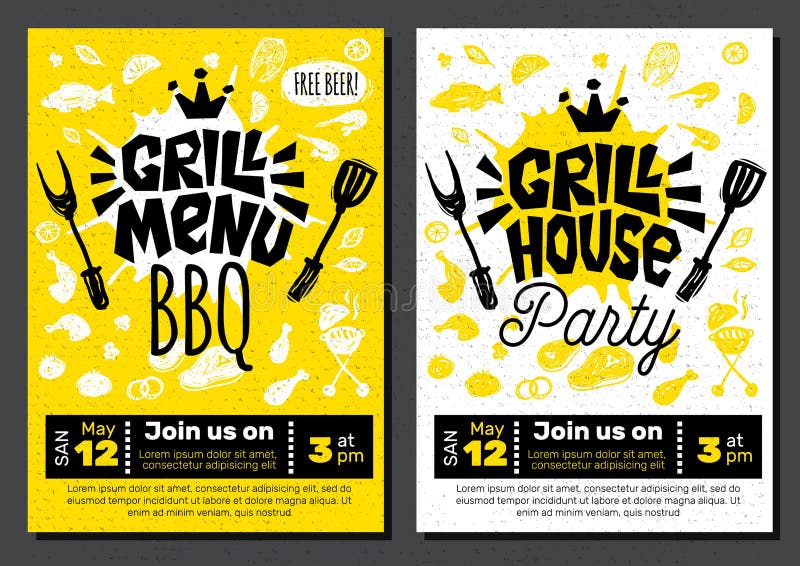 Manifesto dell'alimento del BBQ del partito di tempo della griglia L'alimento arrostito, verdure del pesce della carne griglia la royalty illustrazione gratis Manifesto dell'alimento del BBQ del partito di tempo della griglia L'alimento arrostito, verdure del pesce della carne griglia la royalty illustrazione gratis