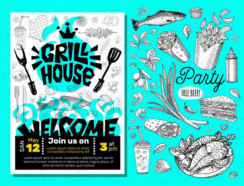 Manifesto dell'alimento del BBQ del partito di tempo della griglia L'alimento arrostito, verdure del pesce della carne griglia la illustrazione di stock Manifesto dell'alimento del BBQ del partito di tempo della griglia L'alimento arrostito, verdure del pesce della carne griglia la illustrazione di stock
