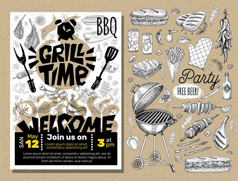 Manifesto dell'alimento del BBQ del partito di tempo della griglia L'alimento arrostito, verdure del pesce della carne griglia la illustrazione di stock Manifesto dell'alimento del BBQ del partito di tempo della griglia L'alimento arrostito, verdure del pesce della carne griglia la illustrazione di stock