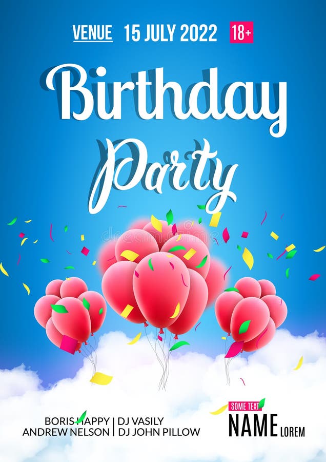 Manifesto della festa di compleanno Il cielo si appanna i palloni di buon compleanno con i coriandoli royalty illustrazione gratis