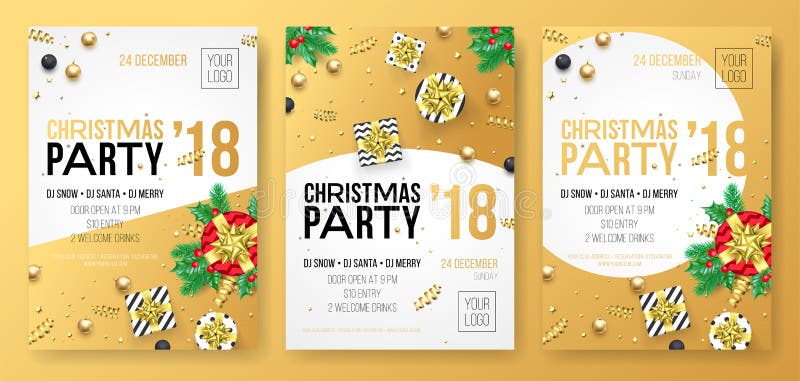 Manifesto di celebrazione del partito di vacanza invernale di Natale o carta dell'invito del presente dorato del regalo dell'oro illustrazione vettoriale Manifesto di celebrazione del partito di vacanza invernale di Natale o carta dell'invito del presente dorato del regalo dell'oro illustrazione vettoriale