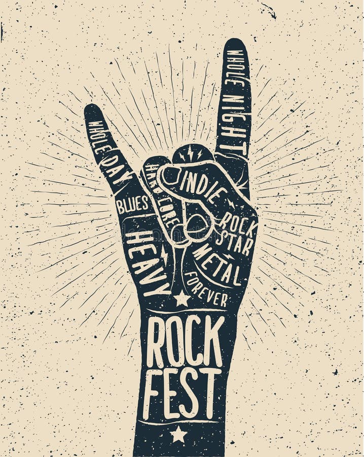 Manifesto di festival rock Segno della mano di rock-and-roll illustrazione di stock Manifesto di festival rock Segno della mano di rock-and-roll illustrazione di stock