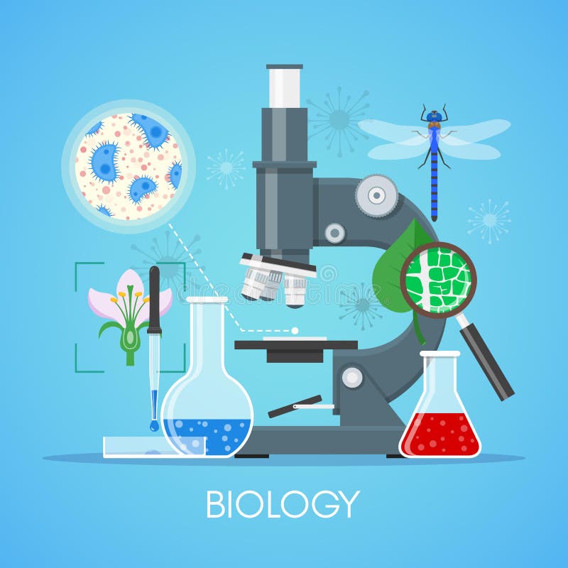 Manifesto di vettore di concetto di istruzione di scienza di biologia nella progettazione piana di stile Attrezzatura di laborato illustrazione vettoriale