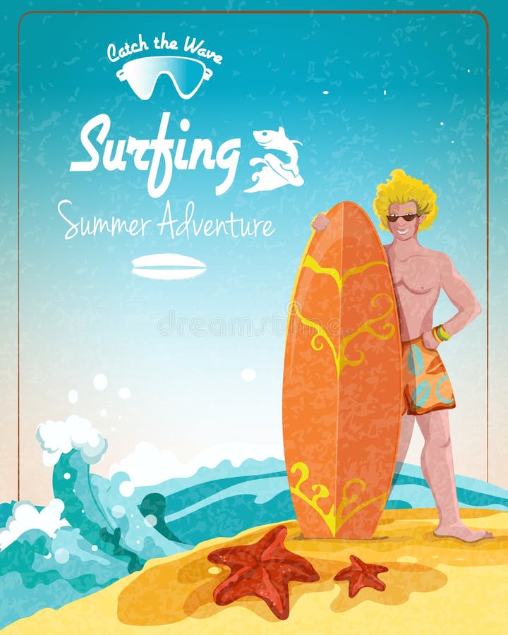 Manifesto praticante il surfing di avventura di estate illustrazione vettoriale Manifesto praticante il surfing di avventura di estate illustrazione vettoriale