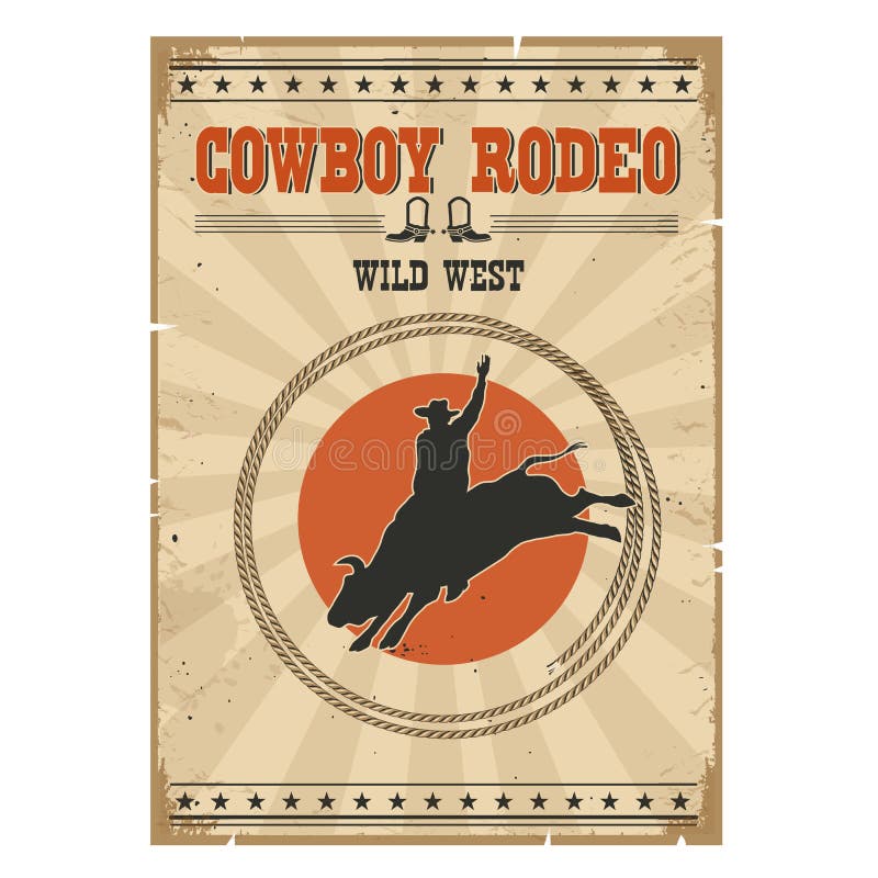 Manifesto selvaggio del rodeo del toro del cowboy Illustrazione d'annata occidentale con illustrazione vettoriale Manifesto selvaggio del rodeo del toro del cowboy Illustrazione d'annata occidentale con illustrazione vettoriale