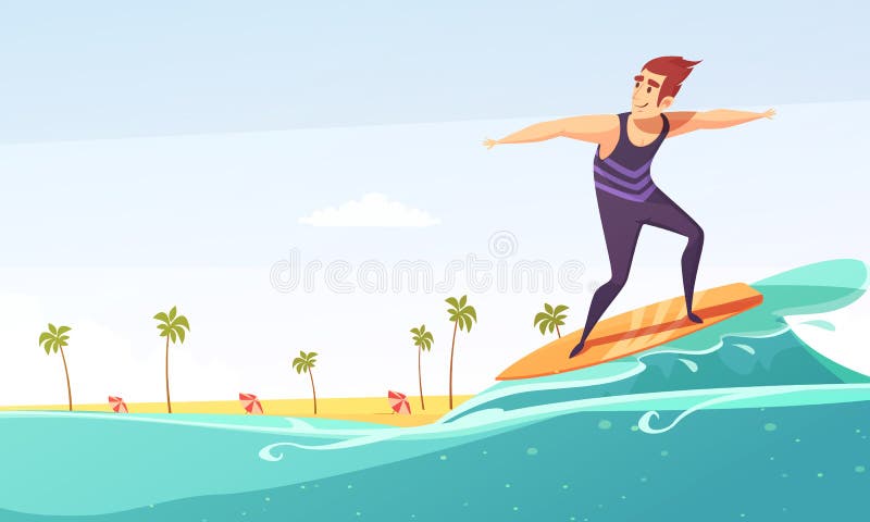 Manifesto tropicale praticante il surfing del fumetto della spiaggia royalty illustrazione gratis Manifesto tropicale praticante il surfing del fumetto della spiaggia royalty illustrazione gratis