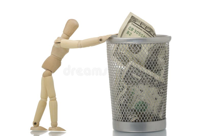 Manikin pushing mesh trash bin with hundred dollar