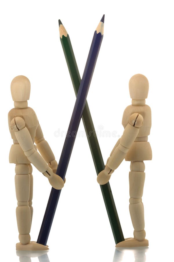 Manikins standing with two pencils crossed