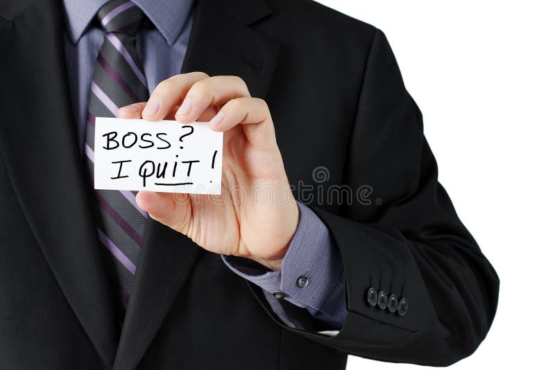 Man hand holding a business card stating I quit in bold!. Man hand holding a business card stating I quit in bold!