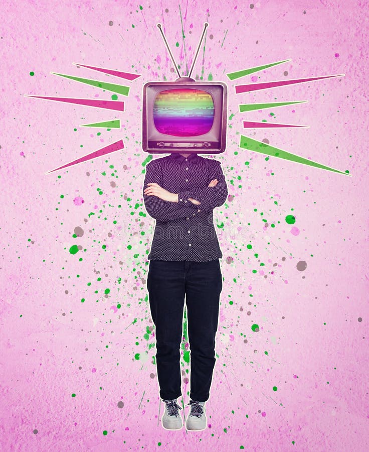 Manipulaci? n de la televisi? n y el lavar el cerebro Control de la propaganda de los medios de comunicaci? n Collage del arte conte imagenes de archivo