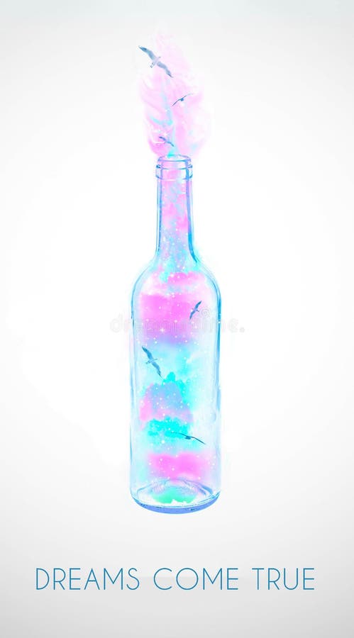 Manipulação dos pássaros na garrafa de vinho, conceito da foto dos sonhos com texto fotografia de stock Manipulação dos pássaros na garrafa de vinho, conceito da foto dos sonhos com texto fotografia de stock