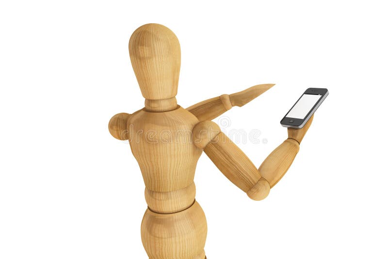 Maniquí de madera con smartphone móvil imagen de archivo libre de regalías Maniquí de madera con smartphone móvil imagen de archivo libre de regalías