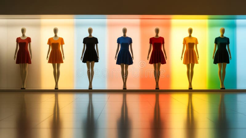 Maniquíes con ropas cortas vibrantes bajo iluminación multicolor en tienda minorista imagen de archivo libre de regalías