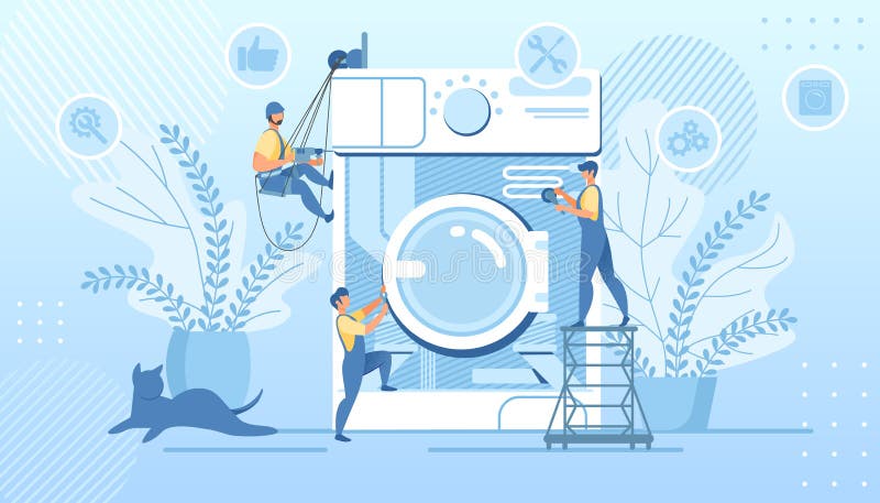 Manitas del grupo que fijan la lavadora quebrada enorme ilustración del vector Manitas del grupo que fijan la lavadora quebrada enorme ilustración del vector
