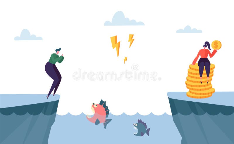 Manière compliquée dangereuse au bénéfice d'argent Saut de caractère de femme au-dessus de mer complètement des poissons fâchés M illustration de vecteur Manière compliquée dangereuse au bénéfice d'argent Saut de caractère de femme au-dessus de mer complètement des poissons fâchés M illustration de vecteur