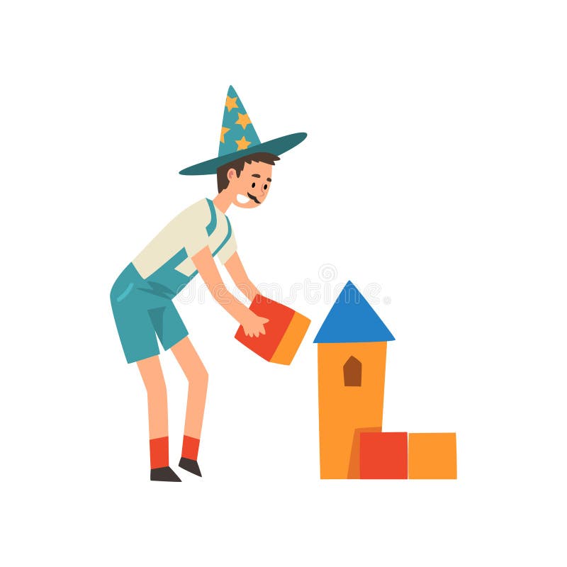 Manlig tecknare i den roliga dräkten som utför för ungefödelsedagparti med Toy Blocks Vector Illustration stock illustrationer