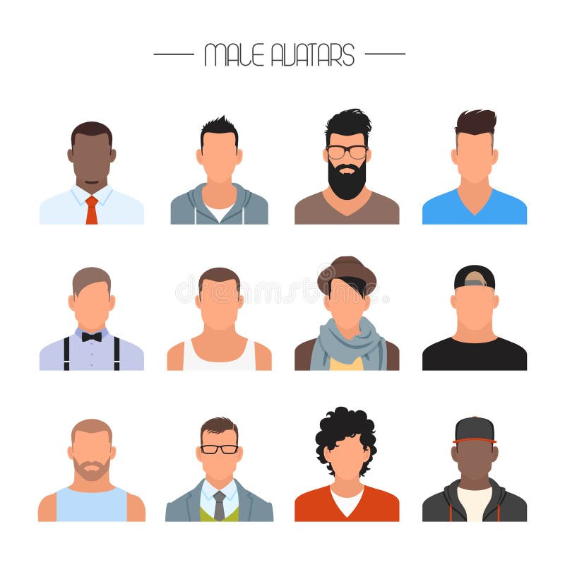 Manlig uppsättning för avatarsymbolsvektor Folktecken i plan stil Framsidor med olika stilar och nationaliteter