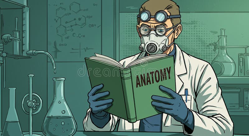 Manliga vetenskapsmän i en laboratoriemiljö läser en bok med titeln Anatomy. Vita royaltyfri illustrationer