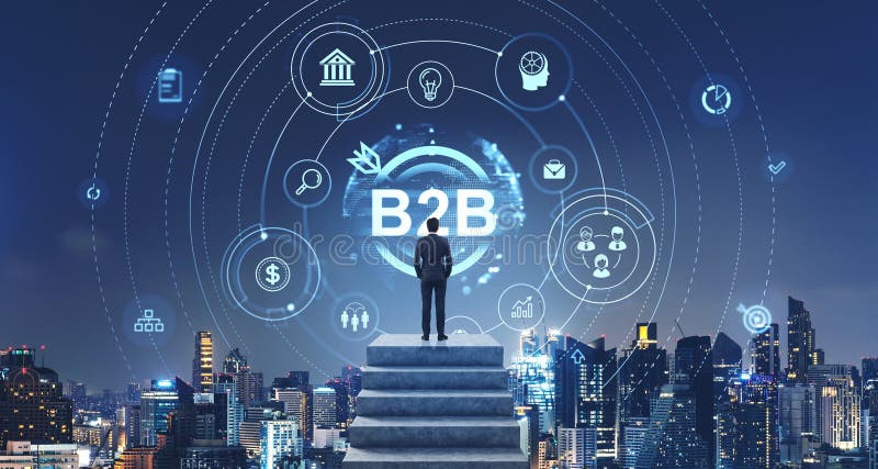 Mann auf Beton Treppen Wolkenkratzer in der Stadt und Hologramm für b2b-Icons stockbild