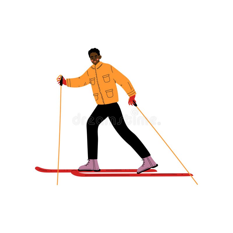 Man on Skis, Male African American Athlete Character Skiing, Winter Sport, Active Healthy Lifestyle Vector Illustration on White Background. Man on Skis, Male African American Athlete Character Skiing, Winter Sport, Active Healthy Lifestyle Vector Illustration on White Background.