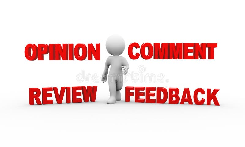 3d illustration of man and word text comment feedback opinion review. 3d rendering of human people character. 3d illustration of man and word text comment feedback opinion review. 3d rendering of human people character