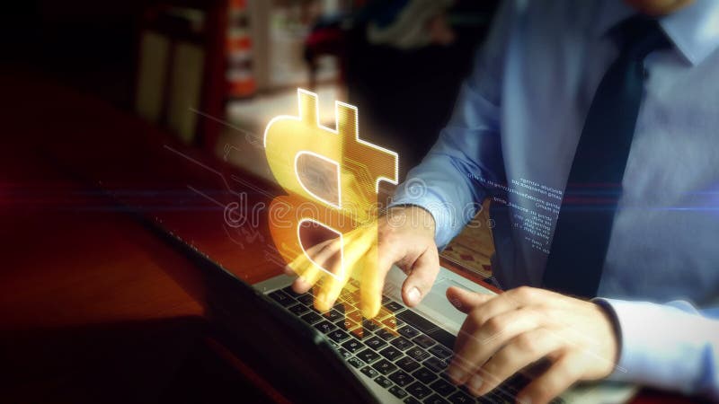 Mann, der auf Tastatur mit bitcoin Hologramm schreibt vektor abbildung