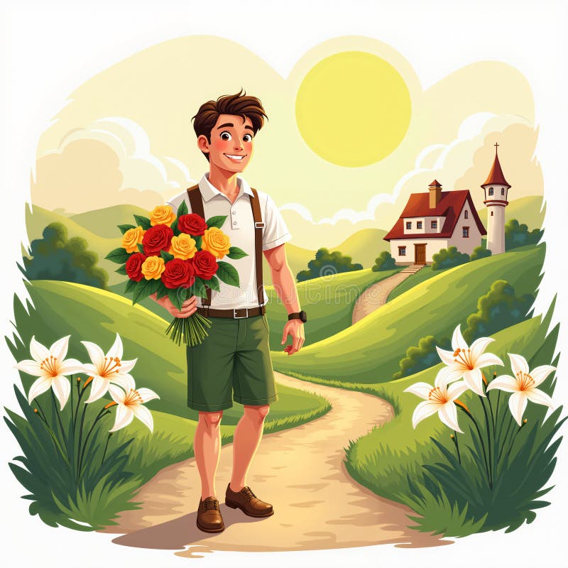 Mann, der Blumen auf einem Pfad hält vektor abbildung