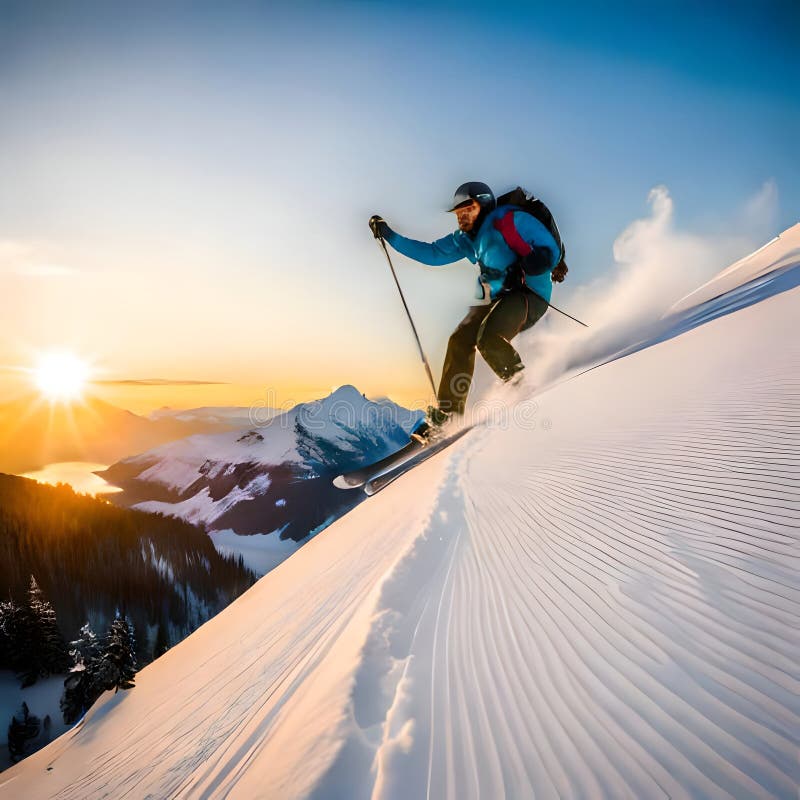 Mann, der den schneebedeckten Berg hinunter Ski, ai generierte Bild vektor abbildung
