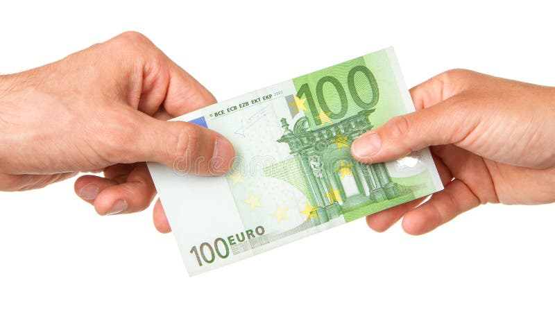 Mann, der einer Frau Euro 100 gibt lizenzfreies stockbild Mann, der einer Frau Euro 100 gibt lizenzfreies stockbild