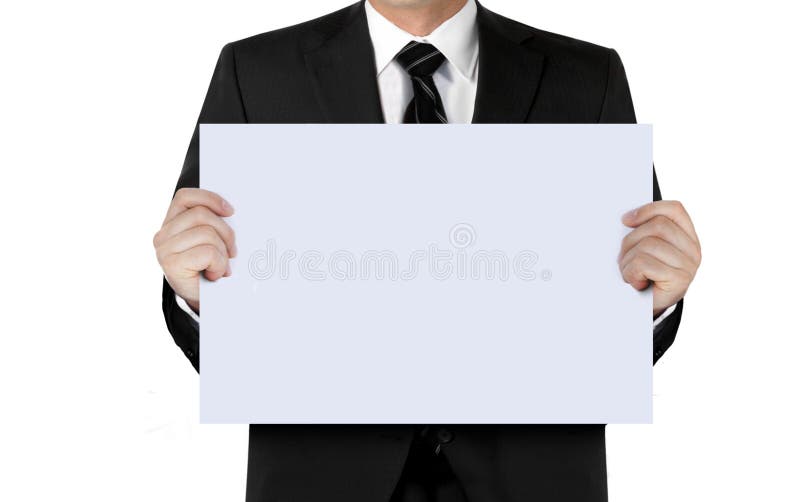 Mann in der Klage, die leeres Zeichenbrett hält lizenzfreies stockfoto Mann in der Klage, die leeres Zeichenbrett hält lizenzfreies stockfoto